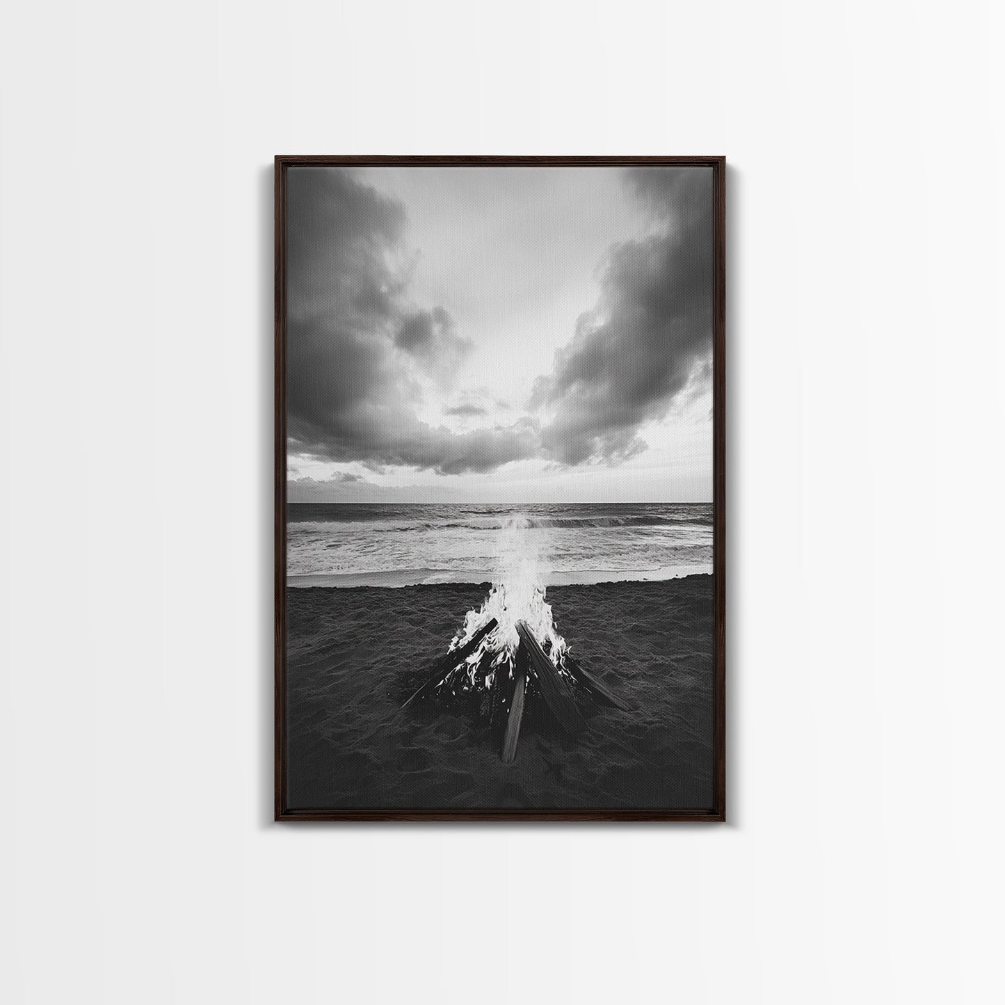 Beach Bonfire, coastal landscape art, rustic decor, moody art, dramatic seascape, black and white, framed canvas print, nautical wall art