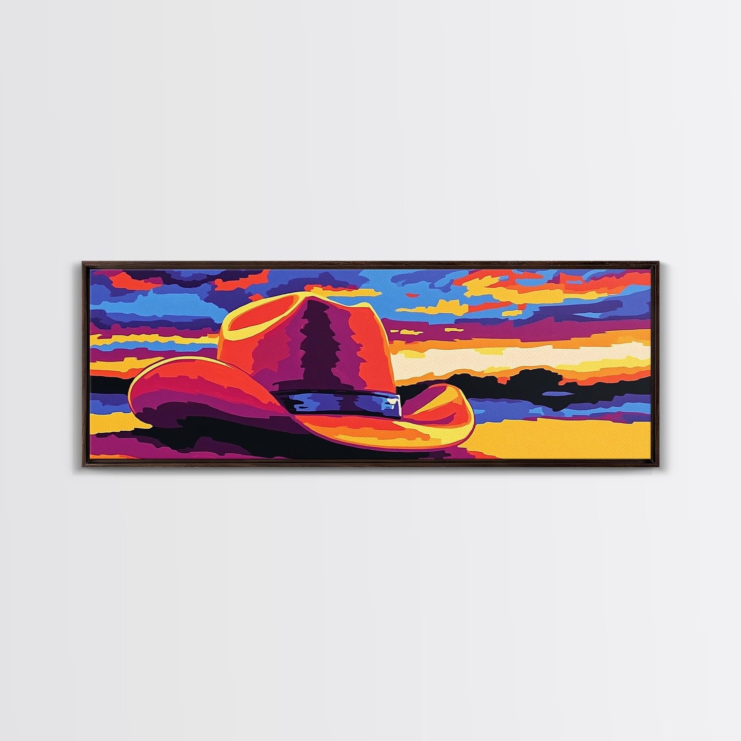 Western Sunset Art, cowboy hat painting, rustic wall art, southwest wall art, extra wide art, framed canvas print, panoramic painting