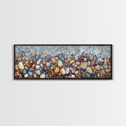 Coastal decor, ocean pebble art, beach rock painting, nautical wall art, seascape painting, long narrow wall art, canvas print