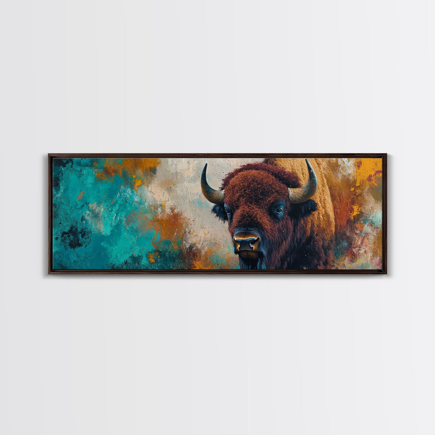 Bold bison painting, teal and orange art, rustic wall art, farmhouse decor, boho art, extra wide western painting, canvas print