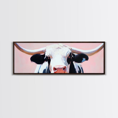 Black and White Cow Art, Light Pink Wall Art, Southwest Wall Art, Coastal Cowgirl Wall Art, Framed Canvas Print, Rustic Decor