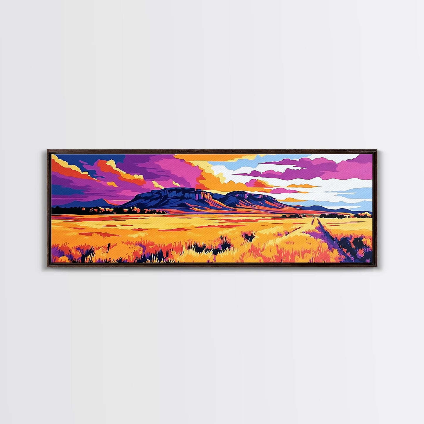 Vibrant mountain, pink orange wall art, Joshua tree art, geometric wall art, panoramic art, framed canvas print, landscape painting