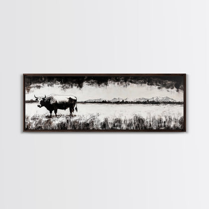 Bull and bear art, black and white painting, rustic wall art, farmhouse decor, extra wide art, framed canvas print, moody art, landscape painting