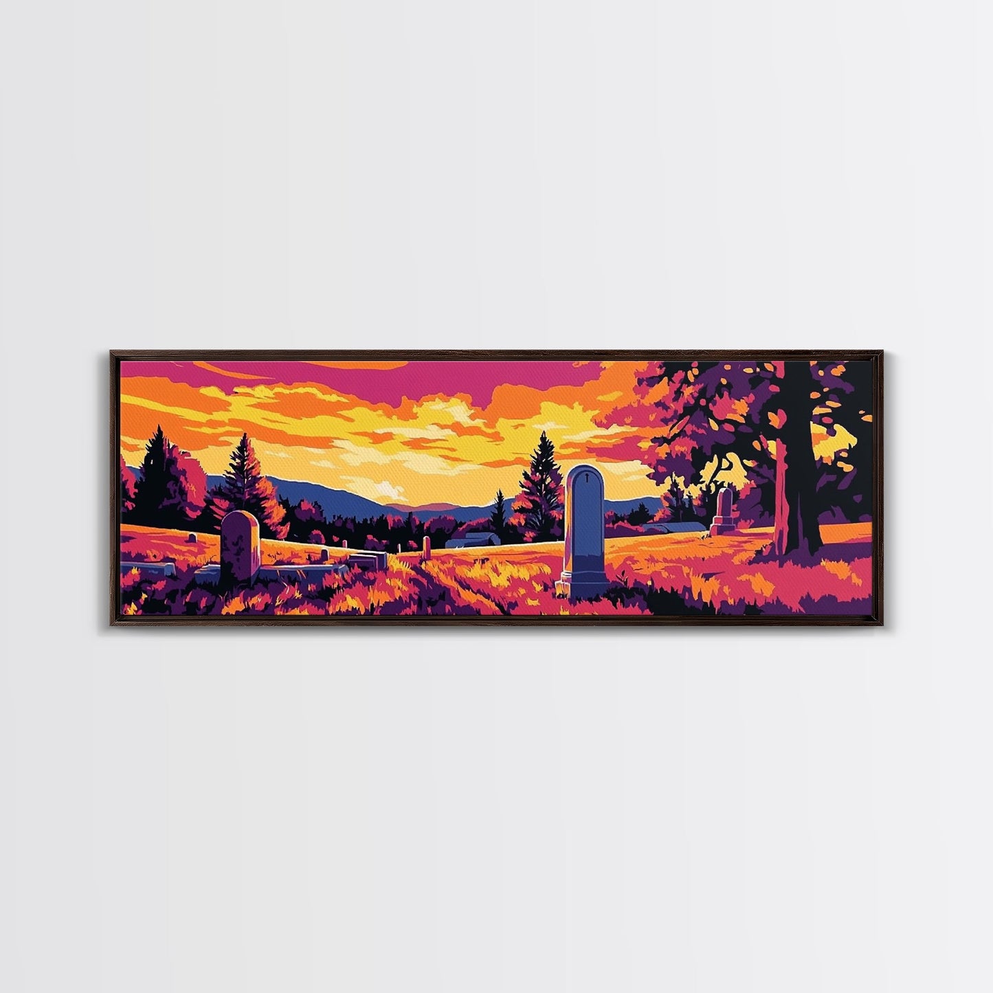 Western Graveyard, cowboy art, gothic painting, southwest wall art, dark angels wall art, extra wide moody art, framed canvas print