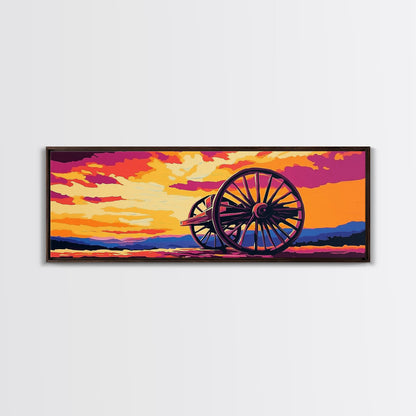 Sonnenuntergangs-Wagenrad, pink-orangefarbene Wandkunst, Kunst in kräftigen Farben, Boho-Kunst, Panoramagemälde, extrabreites Kunstwerk, gerahmter Leinwanddruck, Landschaftsmalerei