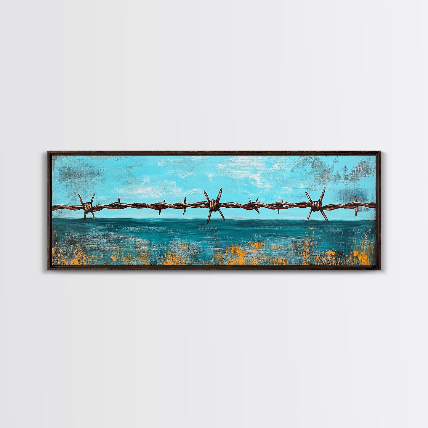Barbed Wire Ocean, coastal decor, rustic art, farmhouse painting, minimalist painting, extra wide art, framed canvas print, moody art