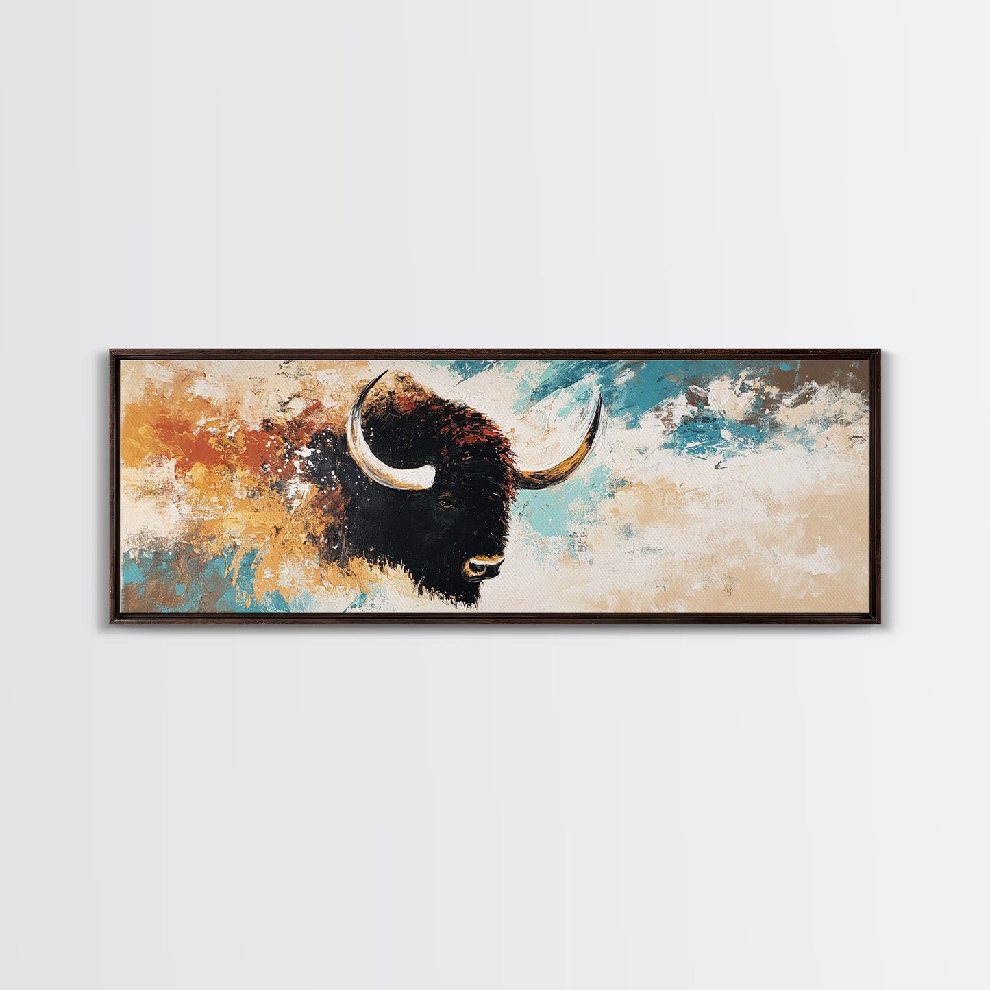 Black and White Buffalo, western wall art, rustic decor, extra wide art, moody art, minimalist painting, framed canvas print, farmhouse art