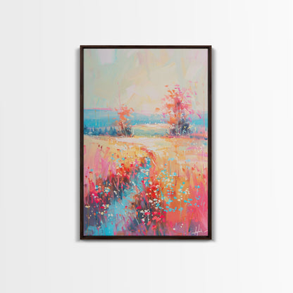 Luminous Landscape with Wildflowers - Framed Canvas Print, Radiant Living Room Art, Bright Bedroom Decor, Colorful Flower Art, Wall Art