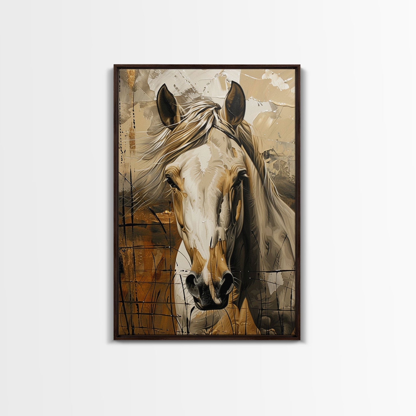 Realistic Horse Portrait with Warm Background - Framed Canvas Print, Equine Art, Living Room Wall Decor, Bedroom Horse Art Print