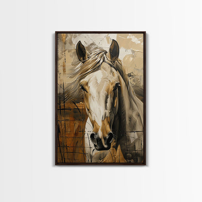 Realistic Horse Portrait with Warm Background - Framed Canvas Print, Equine Art, Living Room Wall Decor, Bedroom Horse Art Print