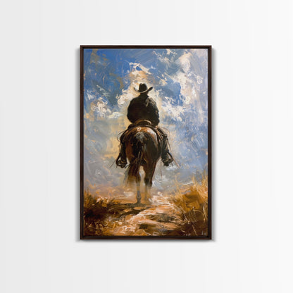 Cowboy Silhouette Riding Through the Plains - Framed Canvas Print, Western Art, Rustic Decor, Living Room Wall Art, Cowboy Themed Art