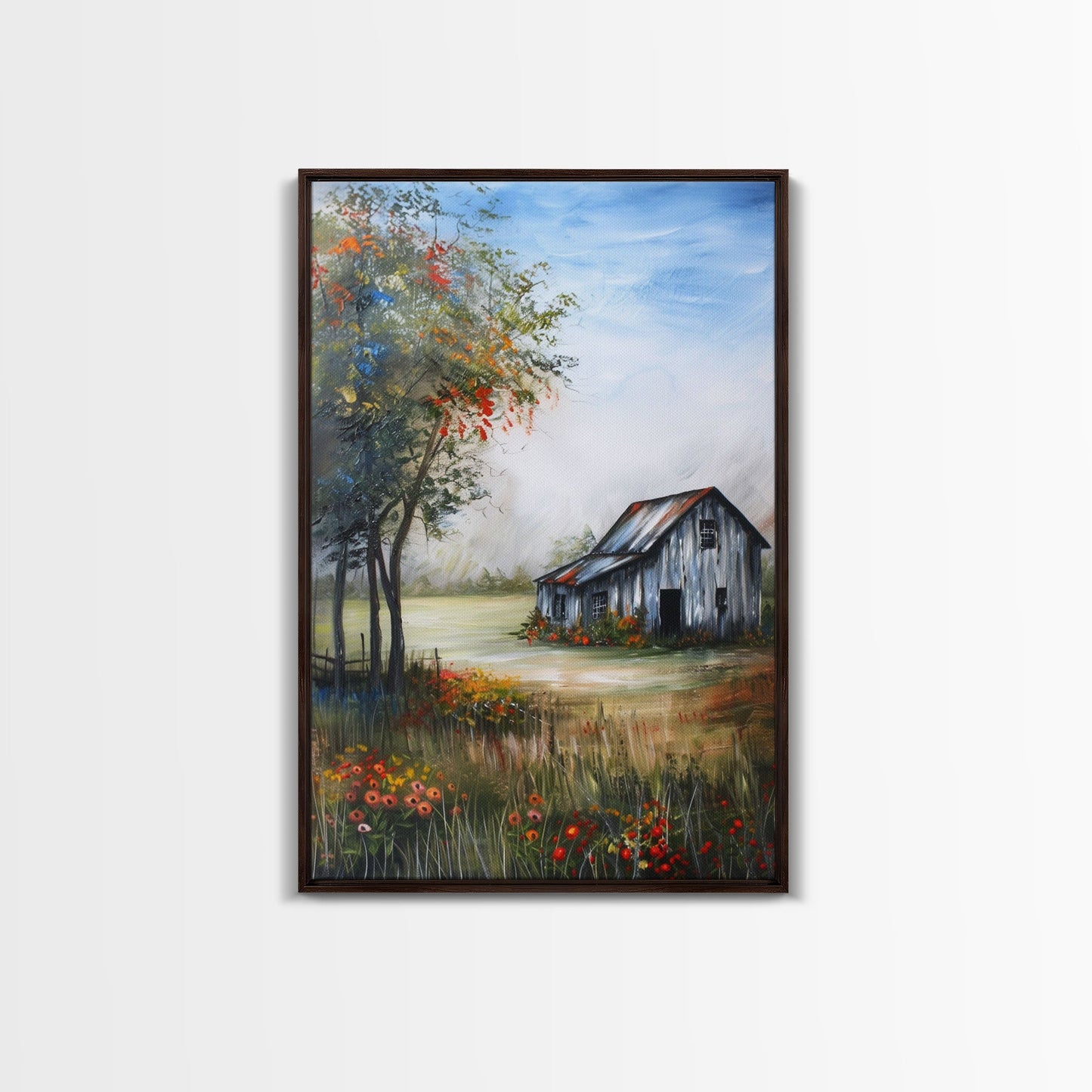 Idyllic Barn Scene with Rustic Charm - Framed Canvas Print, Country Living Room Decor, Farmhouse Wall Art, Barn Art Print for Bedroom
