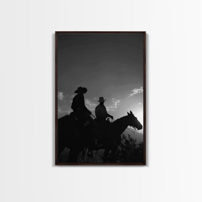 Two Cowboys Riding at Sunset in a Serene Black and White Western Landscape for Wall Art, Canvas Prints, Home Decor, Living Room Art