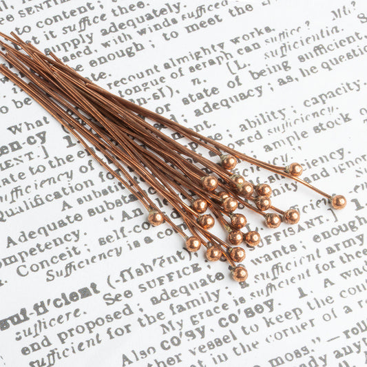 3mm Copper Headpin 26 gauge 2 inch length, Plain Ball Head diameter, 22 pieces per bag
