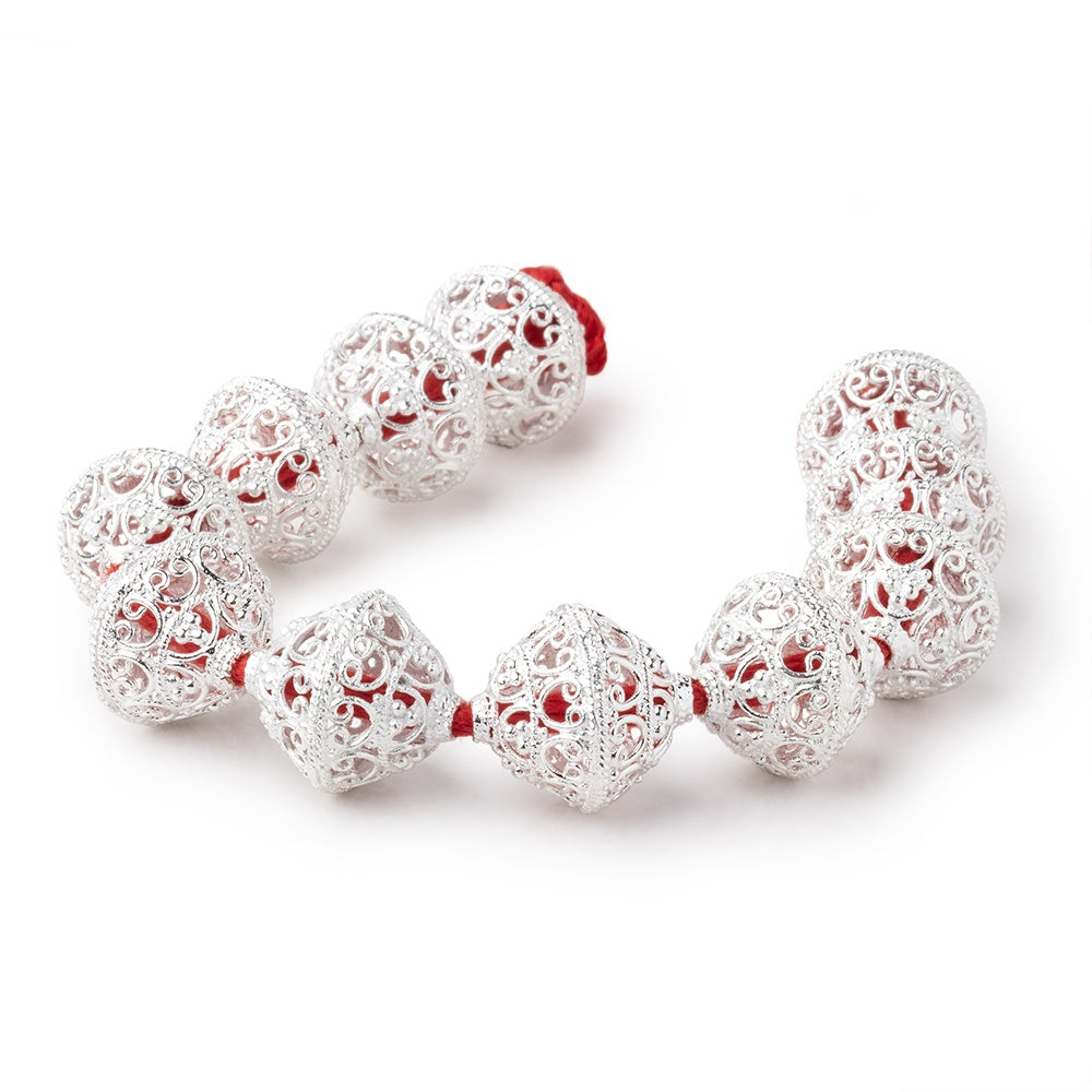 19x18mm Sterling Silver Plated Copper Scroll Filigree BiCone 8 inch 11 Beads