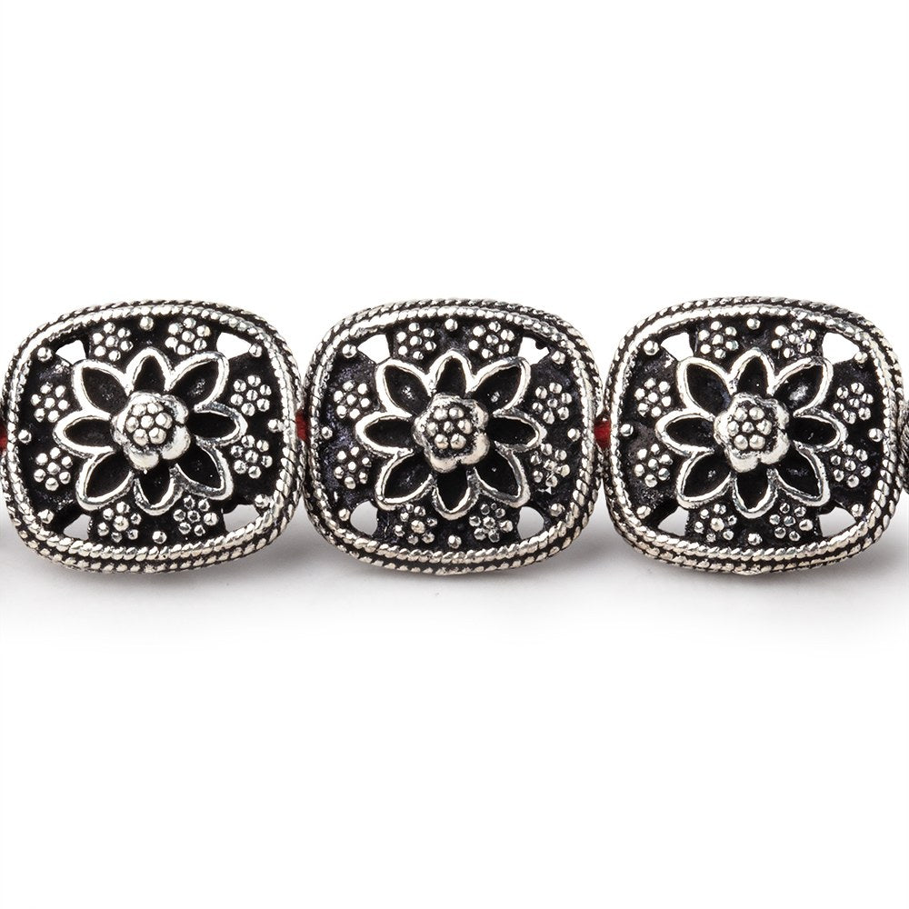 15x13mm Antiqued Sterling Silver Plated Copper Floral Cushion 8 inch 14 Beads