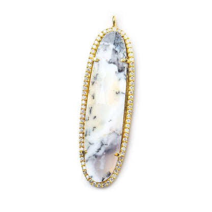 42.5x13.5mm Vermeil Dendritic Opal CZ Bezel faceted oval Pendant 1 piece
