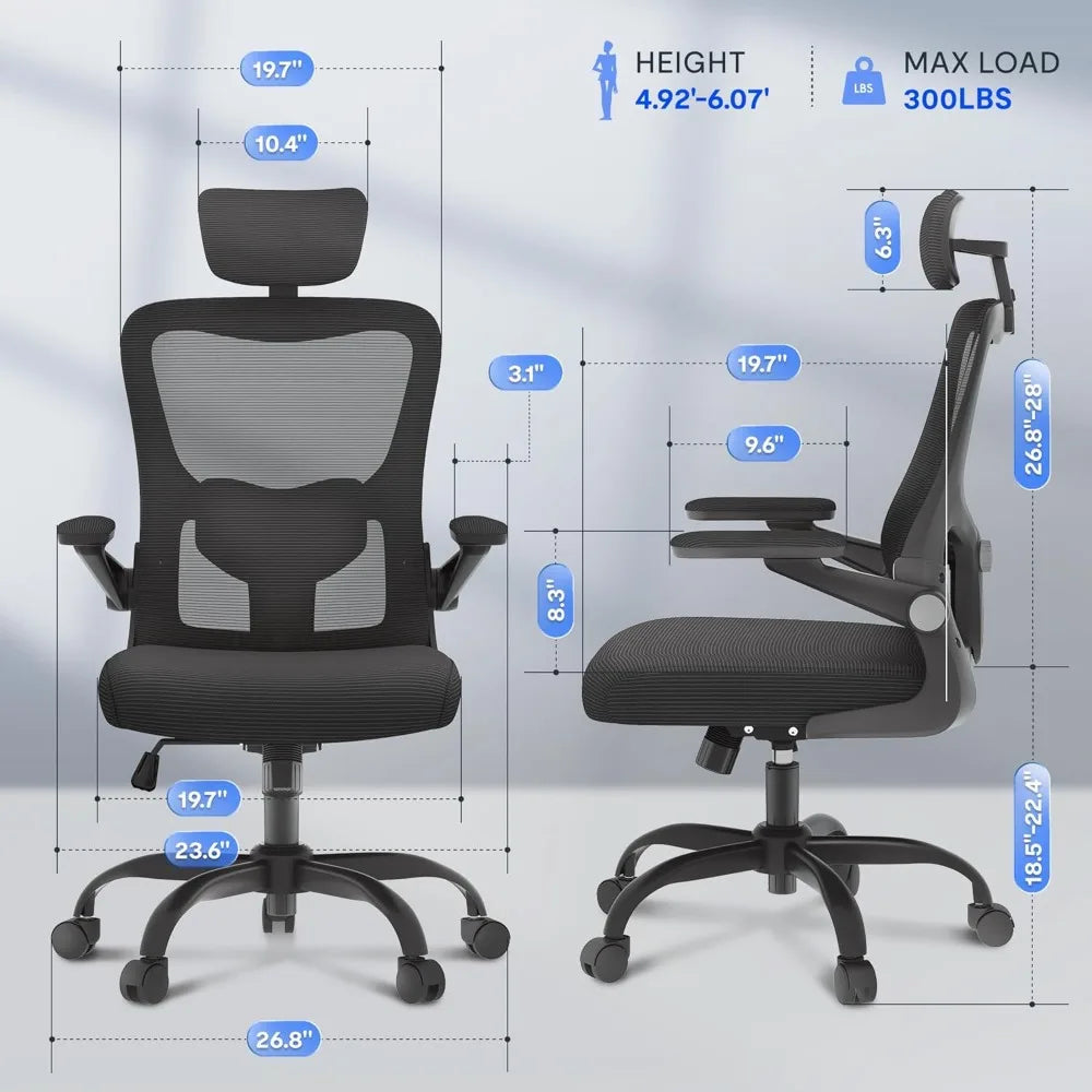 Ergonomic Office Chairs Mesh Computer Desk Chair with 3D Flip-Up Armrests Adjustable Headrest and Lumbar Support Comfy High Bac