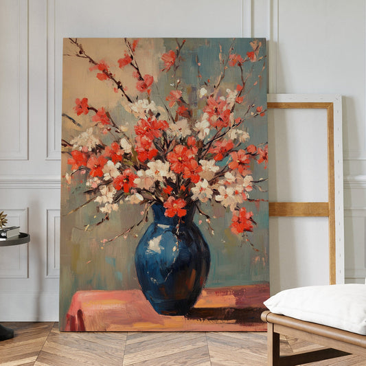 Cherry Blossom Oil Painting – Impressionist Floral Vase Wall Art