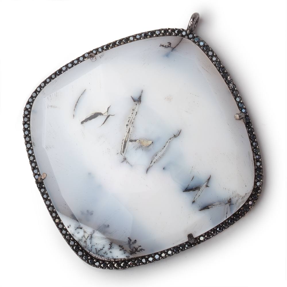 43mm Black Gold & Black CZ Bezel Dendritic Opal Cushion Pendant 1 Focal