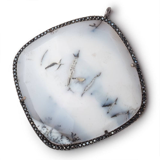 43mm Black Gold & Black CZ Bezel Dendritic Opal Cushion Pendant 1 Focal