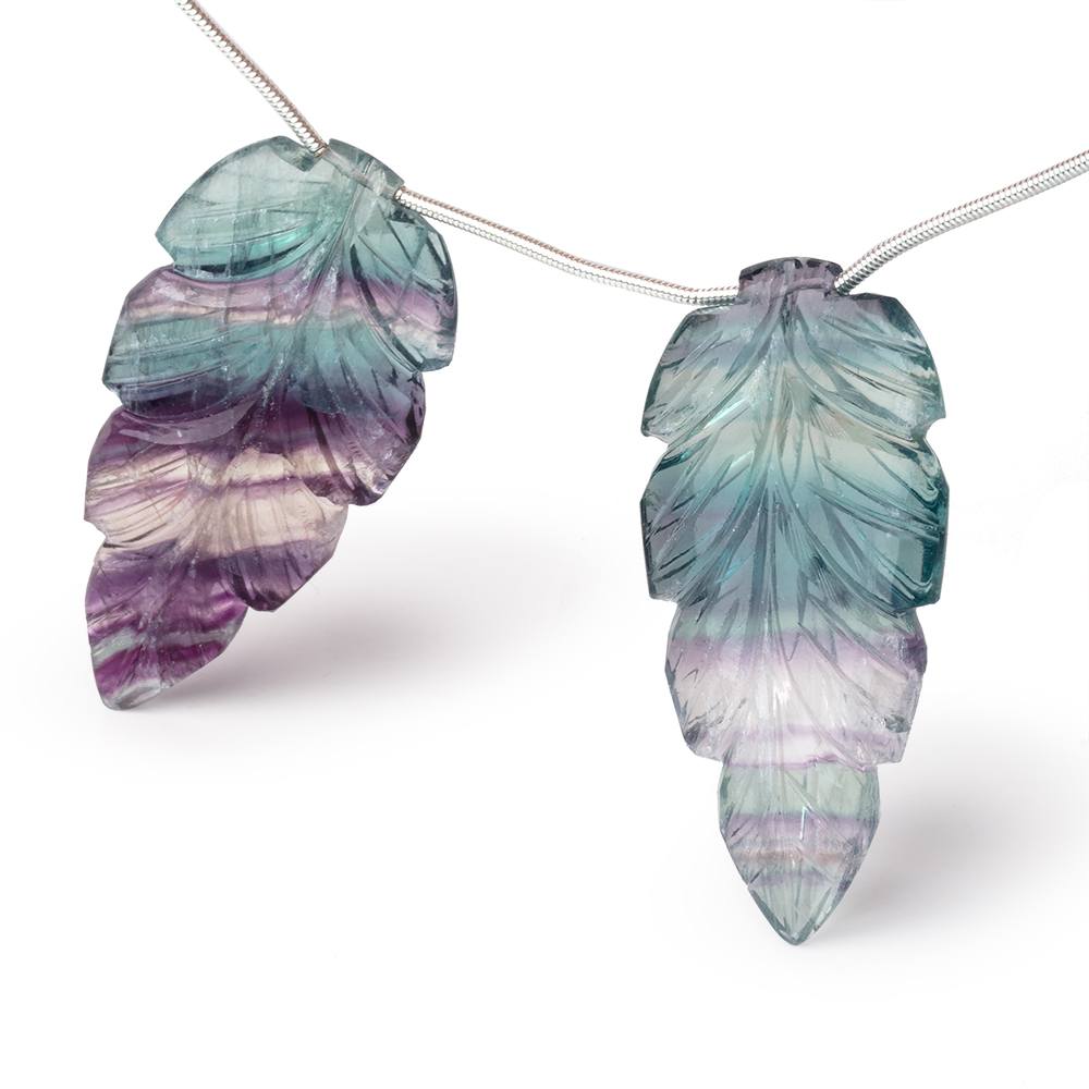43x21-44.5x22mm Fluorite Hand Carved Leaf Focal Set of 2 Beads