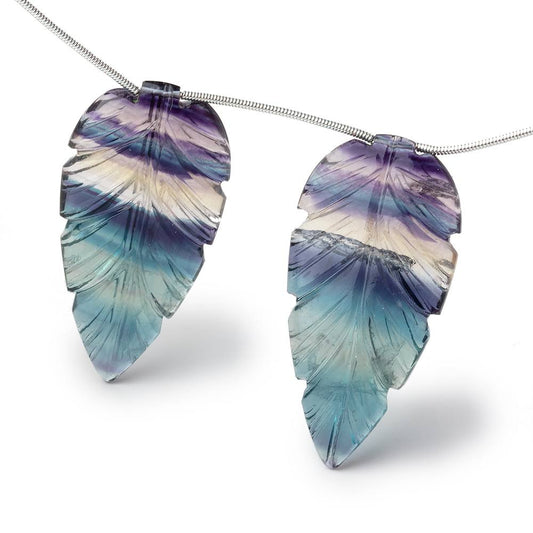 43x22mm Fluorite Hand Carved Leaf Set of 2 Focal Beads AAA