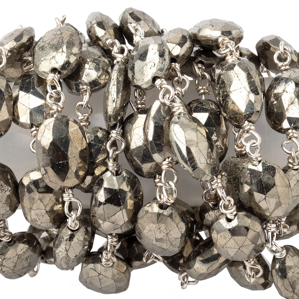9x6mm Pyrite faceted oval Silver plated Chain by the foot 21 pieces