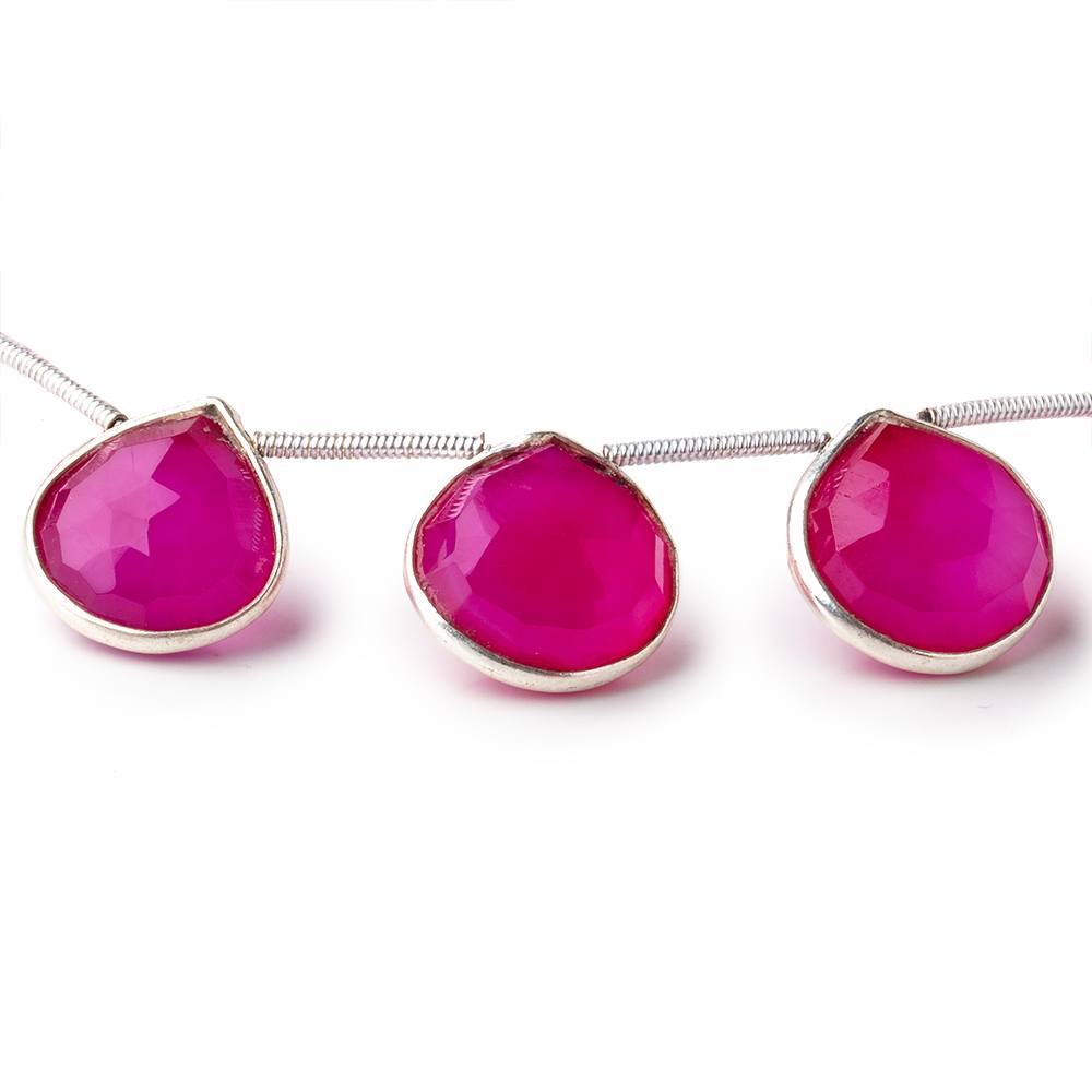 10mm Silver Bezeled Fuchsia Chalcedony Faceted Heart Beads 7 inch 11 pieces