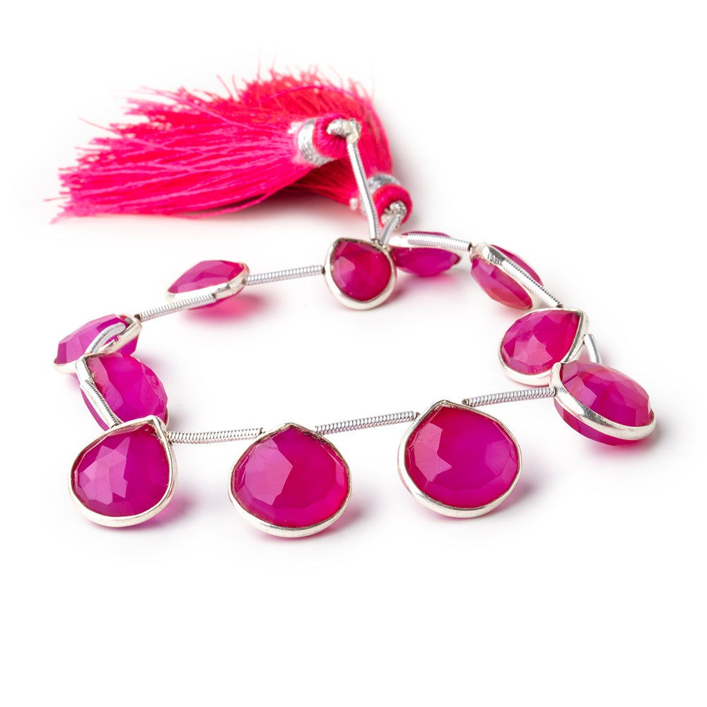 10mm Silver Bezeled Fuchsia Chalcedony Faceted Heart Beads 7 inch 11 pieces