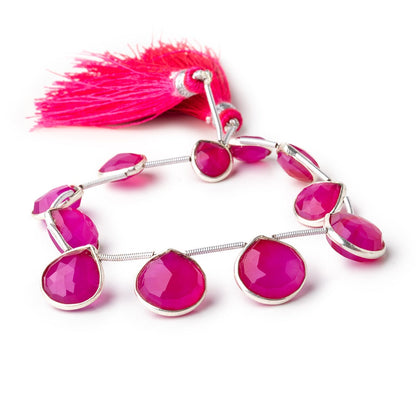 10mm Silver Bezeled Fuchsia Chalcedony Faceted Heart Beads 7 inch 11 pieces