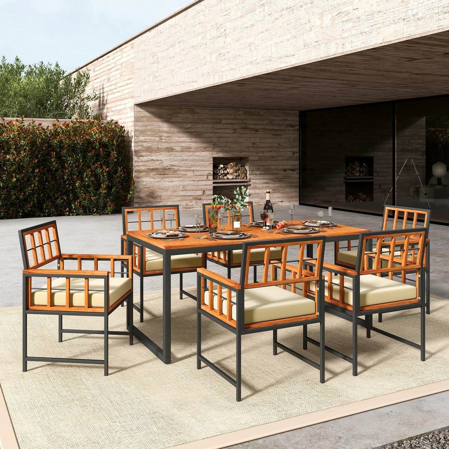 7 Piece Outdoor Patio Dining Set with Acacia Wood Table