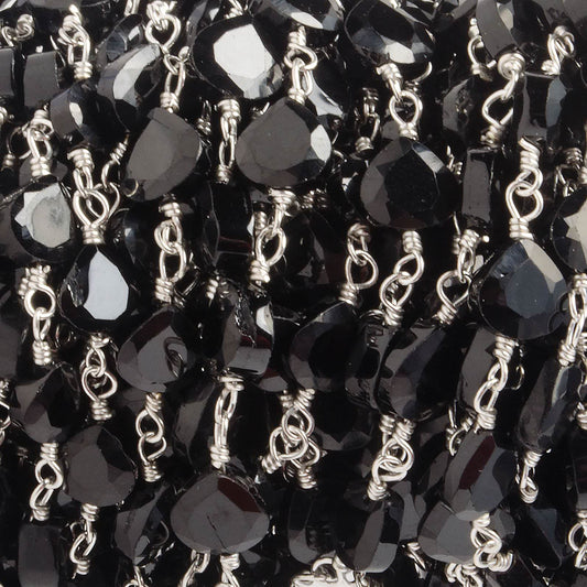 4.5-5mm Black Spinel Bezel Faceted Hearts on Silver Plated Chain by the foot 29 pcs