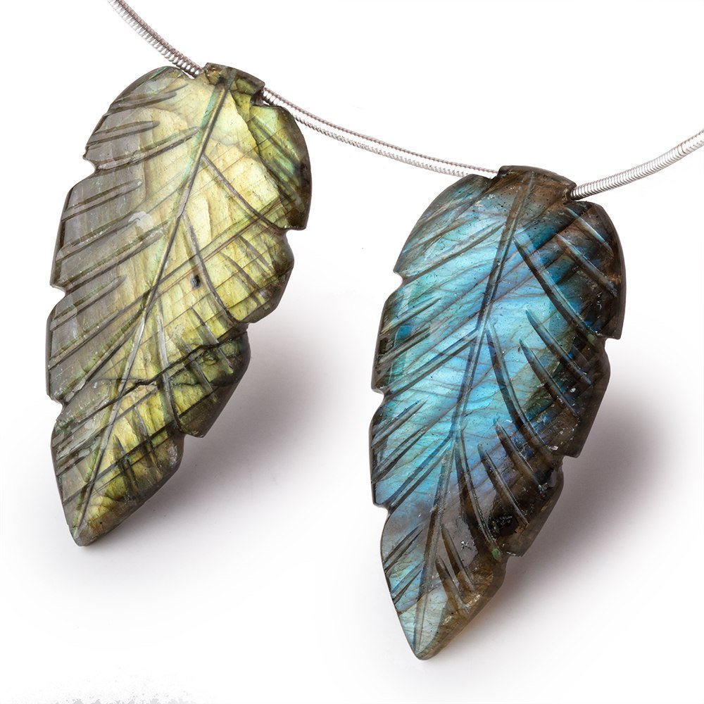 45x22mm Labradorite Carved Leaf Focal Set of 2 Beads
