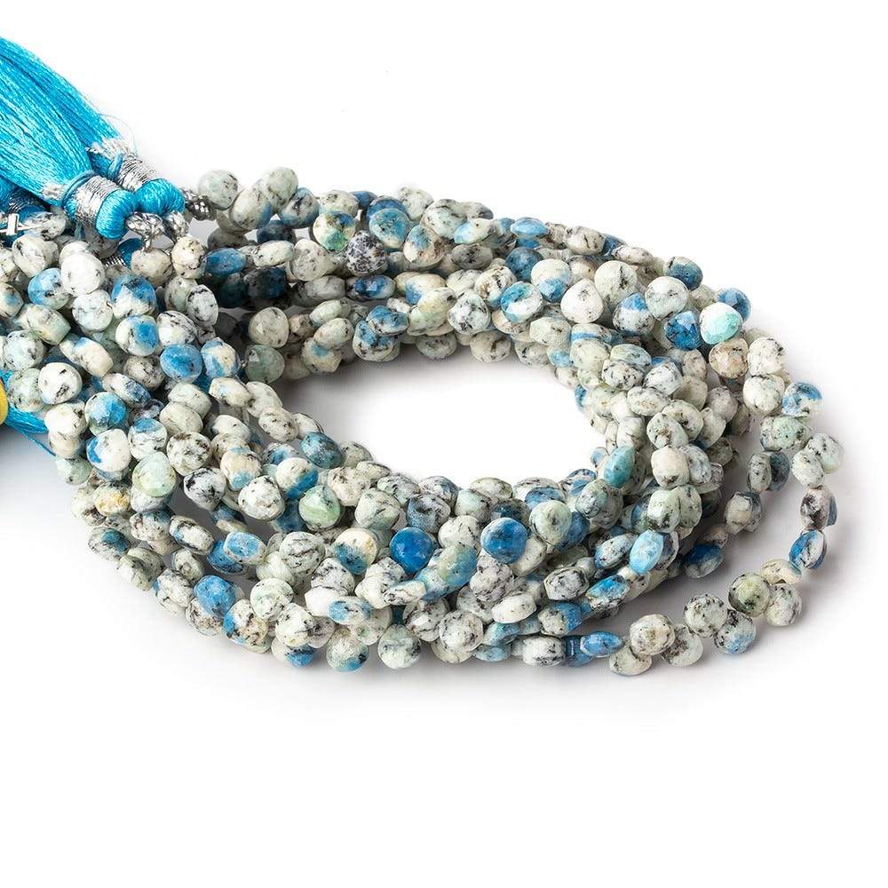 4.5x4.5mm K2 Azurite Granite "K2 Jasper" Petite Faceted Hearts 8 inch 61 beads