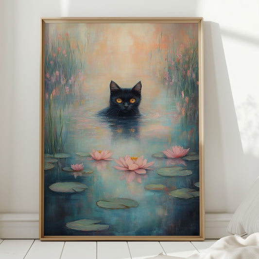 Mystical Black Cat in Water – Dreamy Water Lily Painting