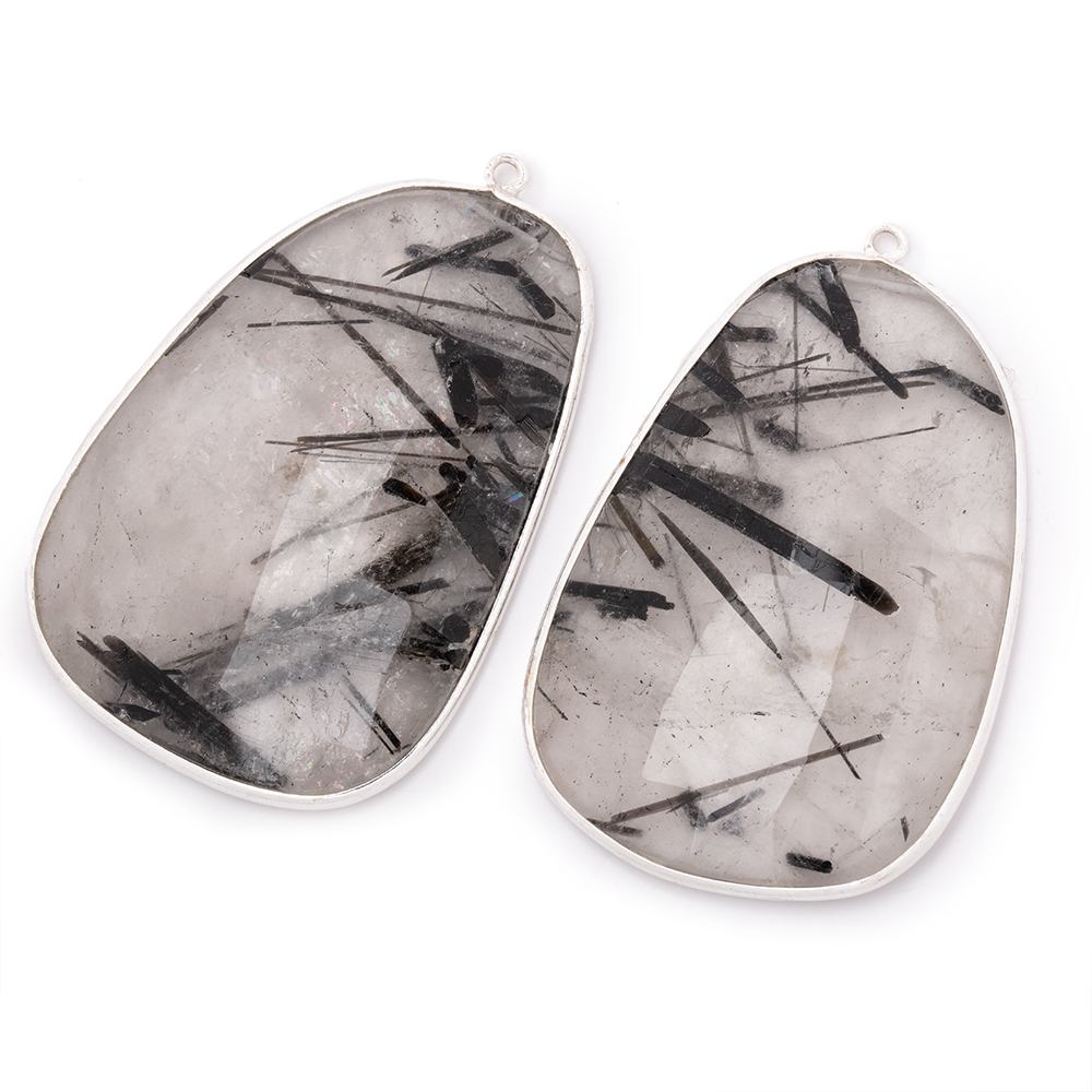 47x32mm .925 Silver Bezel Tourmalinated Quartz Faceted Freeform Set of 2 Pendants