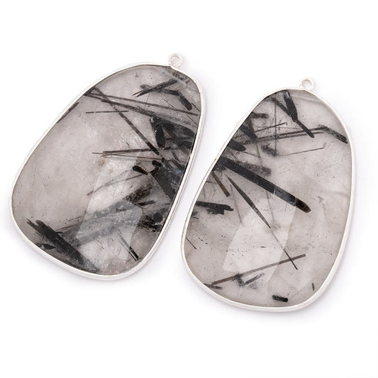 47x32mm .925 Silver Bezel Tourmalinated Quartz Faceted Freeform Set of 2 Pendants
