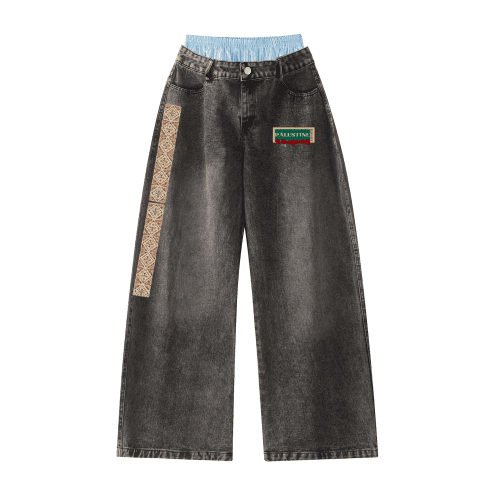 Palestine Design Unisex Double Waist Baggy Wide Leg Jeans. FINAL SALE.