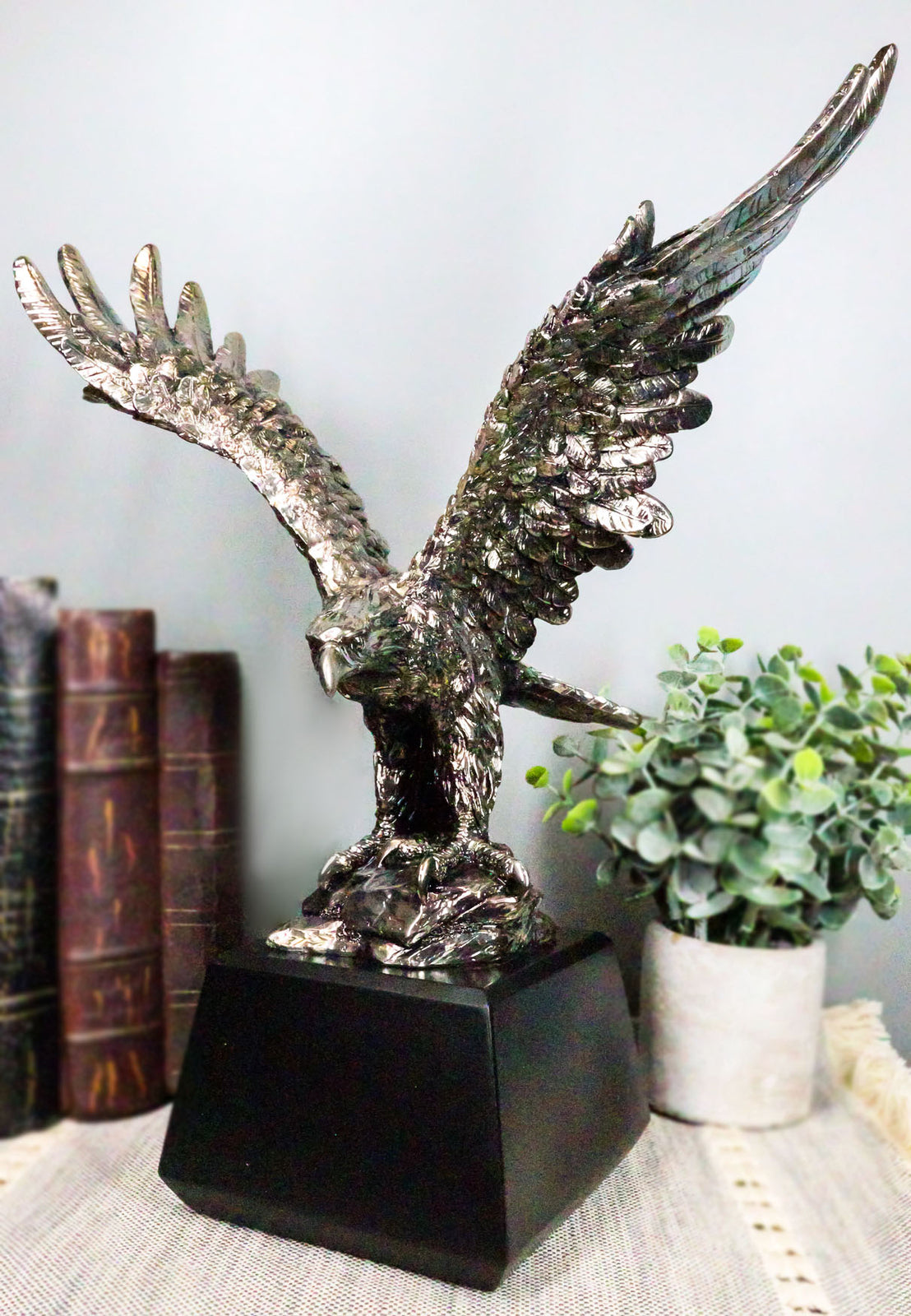 Electroplated Pewter Silver Bald Eagle with Open Wings Landing on Rock Statue