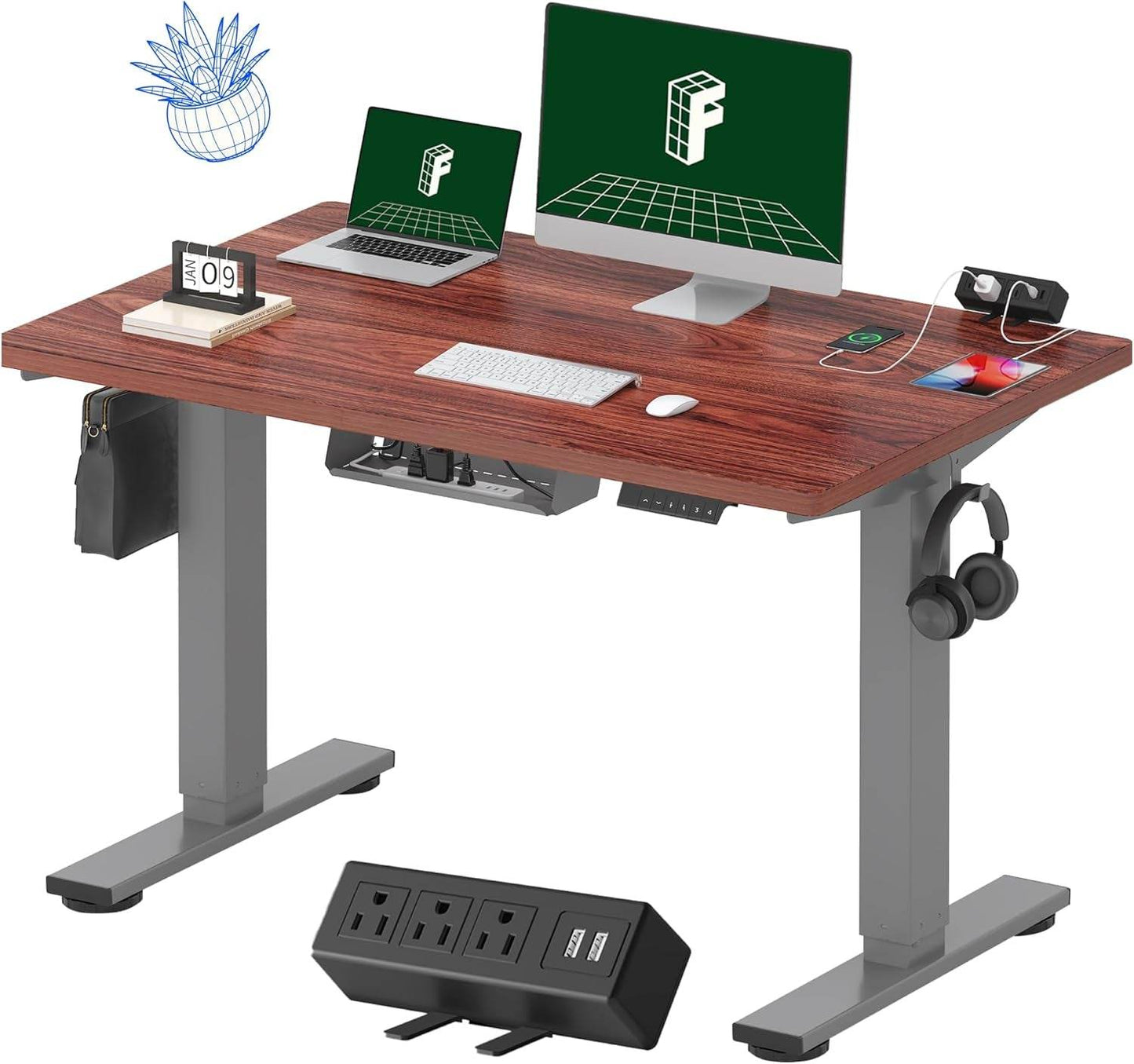 EN2 Height Adjustable Electric Standing Desk - 48"x30" with Clamp Power Strip & Cable Management (Gray Frame + Mahogany Top)