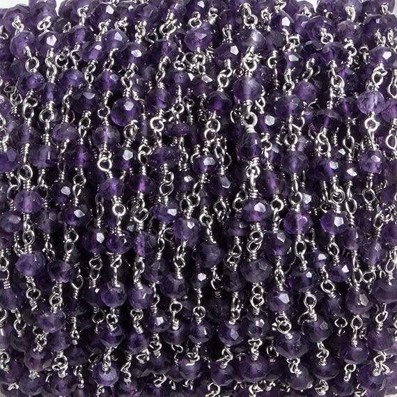 4mm Amethyst faceted rondelle Silver Chain by the foot 34 pieces