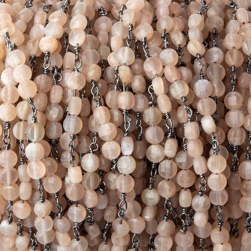 4mm Angel Skin Peach Moonstone faceted coin Trio Black Gold Chain by the foot 54 beads per length