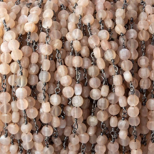 4mm Angel Skin Peach Moonstone faceted coin Trio Black Gold Chain by the foot 54 beads per length
