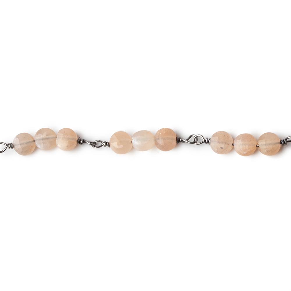 4mm Angel Skin Peach Moonstone faceted coin Trio Black Gold Chain by the foot 54 beads per length