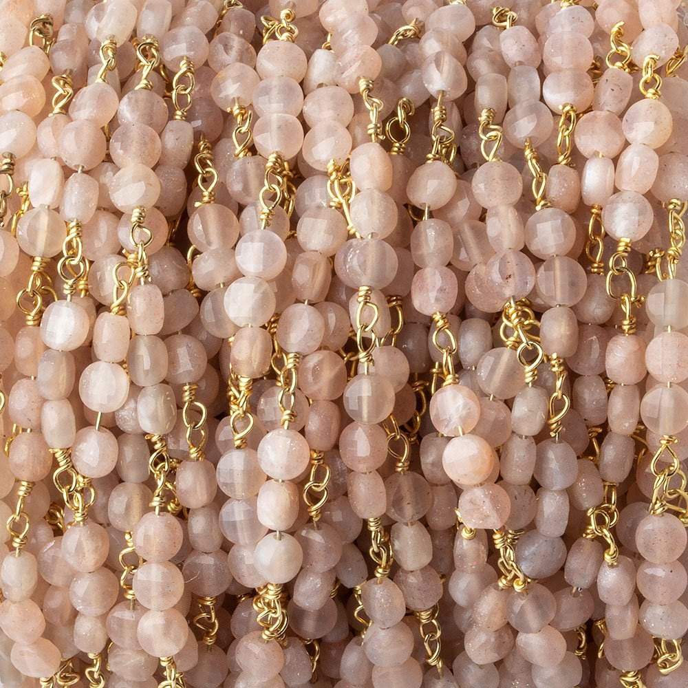 4mm Angel Skin Peach Moonstone faceted coin Trio Gold Chain by the foot 54 beads per length