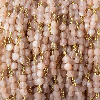 4mm Angel Skin Peach Moonstone faceted coin Trio Gold Chain by the foot 54 beads per length