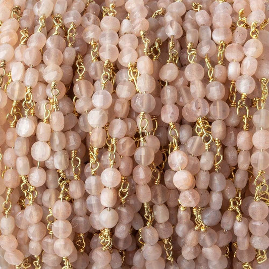 4mm Angel Skin Peach Moonstone faceted coin Trio Gold Chain by the foot 54 beads per length