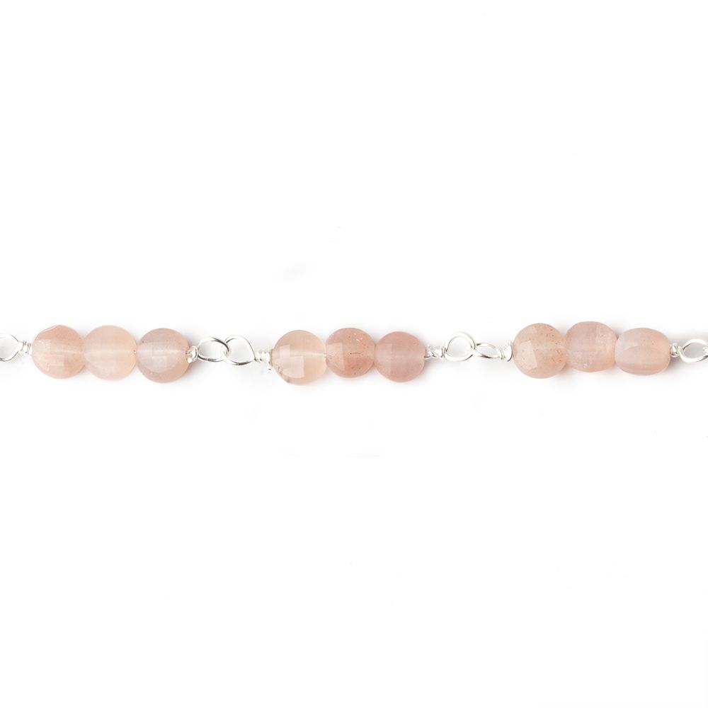 4mm Angel Skin Peach Moonstone faceted coin Trio Silver Chain by the foot 54 beads per length