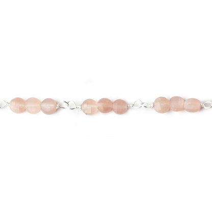 4mm Angel Skin Peach Moonstone faceted coin Trio Silver Chain by the foot 54 beads per length